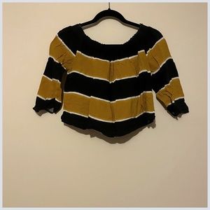 Navy Blue and Mustard Yellow Striped Elastic Off-The-Shoulder Flowy Crop Top - M